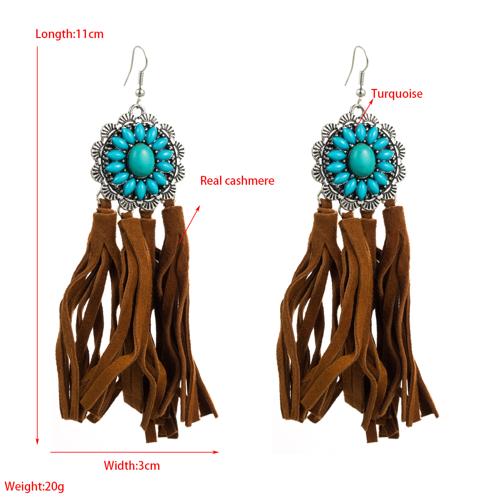 Retro Geometric Alloy Cashmere Tassel Turquoise Women's Drop Earrings 1 Pair display picture 1