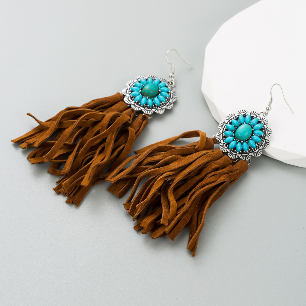 Retro Geometric Alloy Cashmere Tassel Turquoise Women's Drop Earrings 1 Pair display picture 2