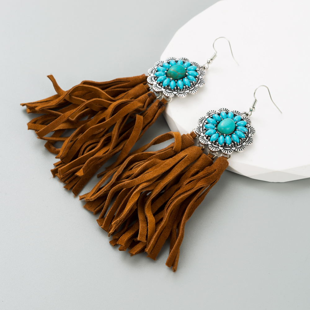 Retro Geometric Alloy Cashmere Tassel Turquoise Women's Drop Earrings 1 Pair display picture 3