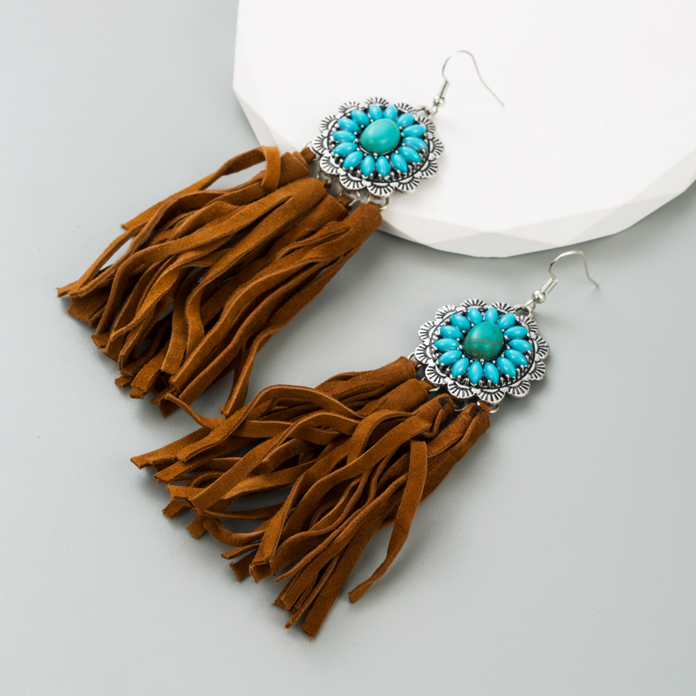 Retro Geometric Alloy Cashmere Tassel Turquoise Women's Drop Earrings 1 Pair display picture 4