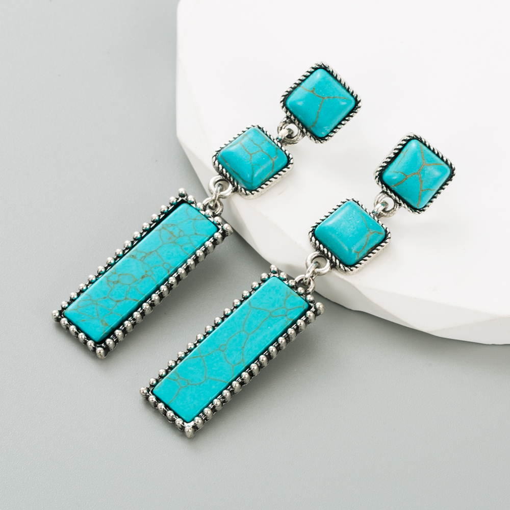 Ethnic Style Square Rectangle Alloy Inlay Turquoise Women's Drop Earrings 1 Pair display picture 2