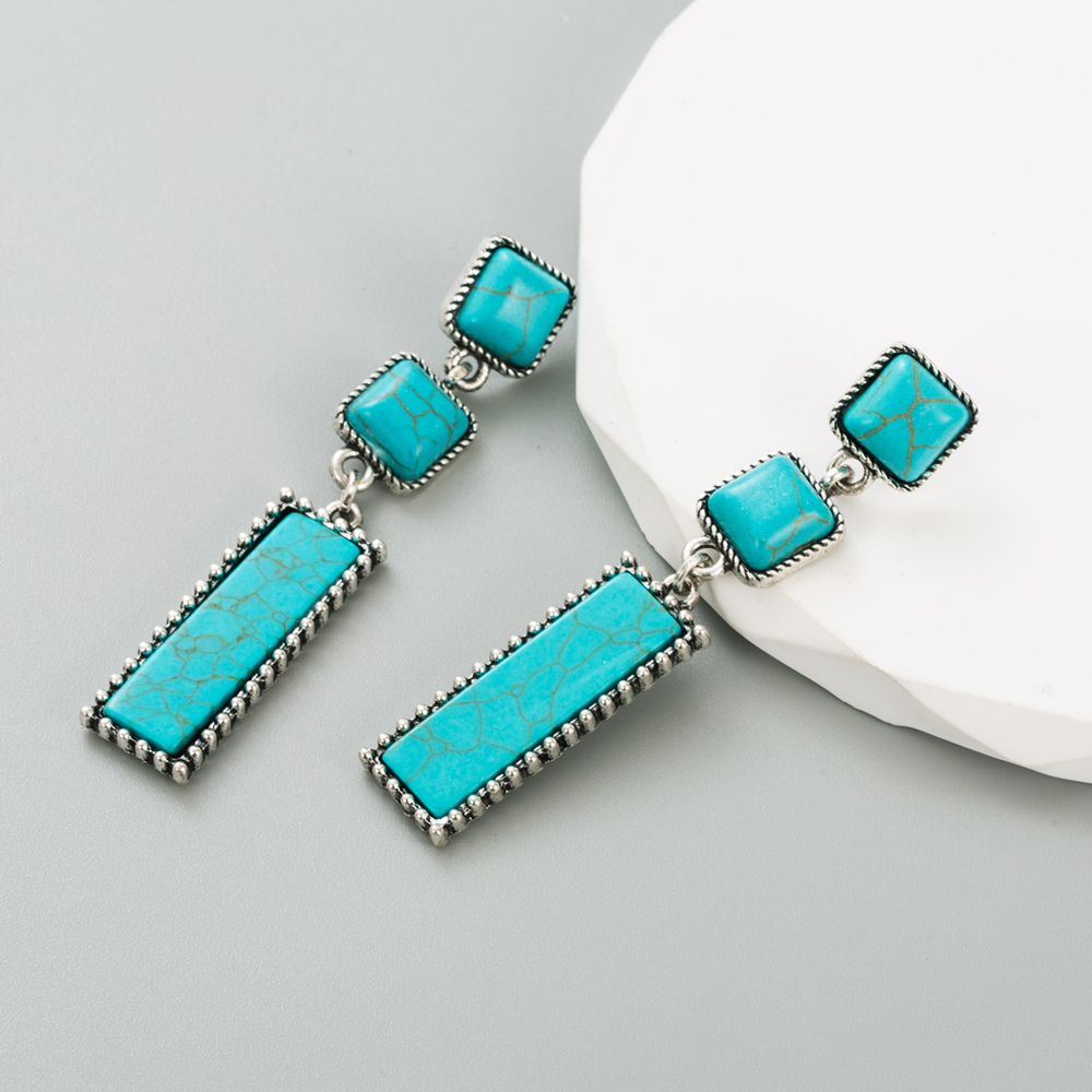 Ethnic Style Square Rectangle Alloy Inlay Turquoise Women's Drop Earrings 1 Pair display picture 4