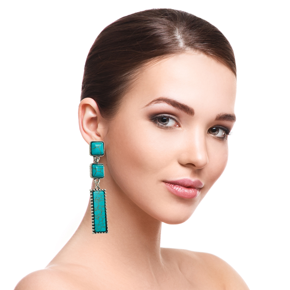 Ethnic Style Square Rectangle Alloy Inlay Turquoise Women's Drop Earrings 1 Pair display picture 7