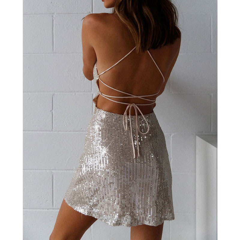 Women's Strap Dress Sexy Boat Neck Sequins Backless Sleeveless Solid Color Above Knee Daily display picture 1