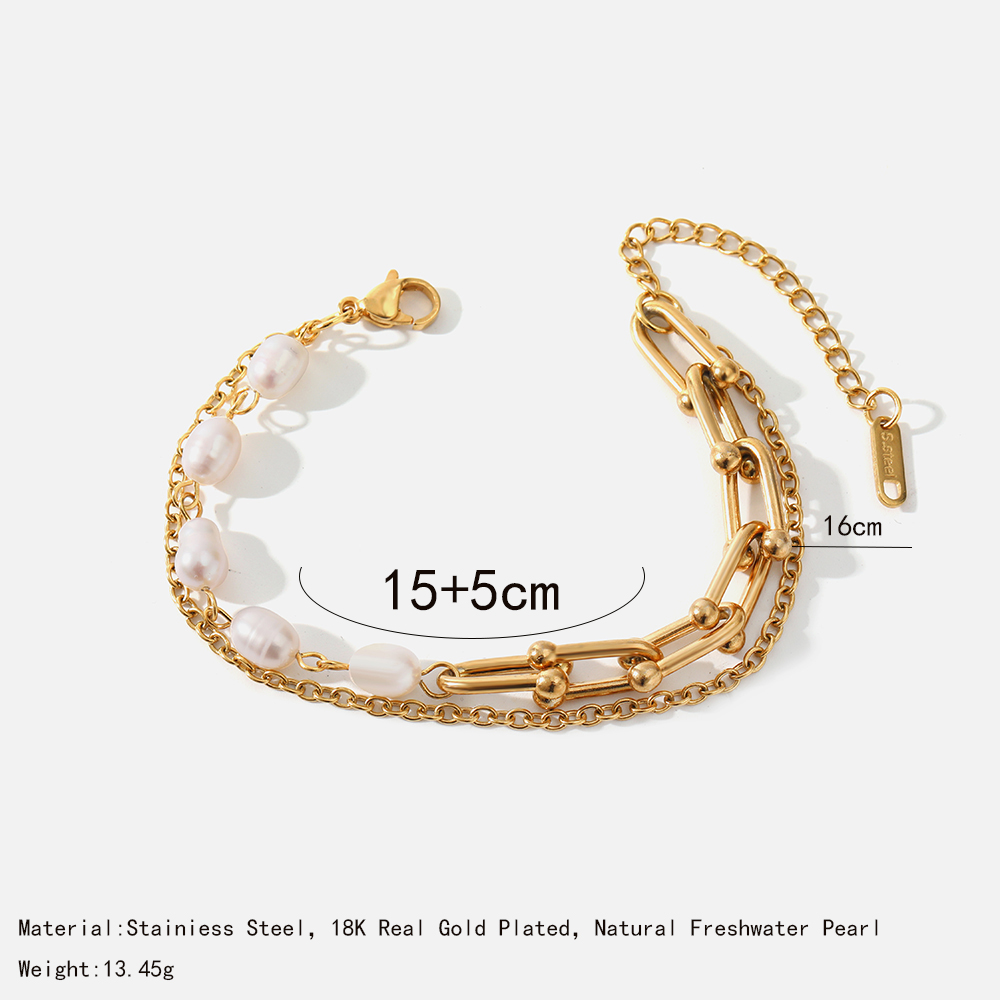Fashion Solid Color Stainless Steel Layered Pearl Gold Plated Bracelets 1 Piece display picture 1