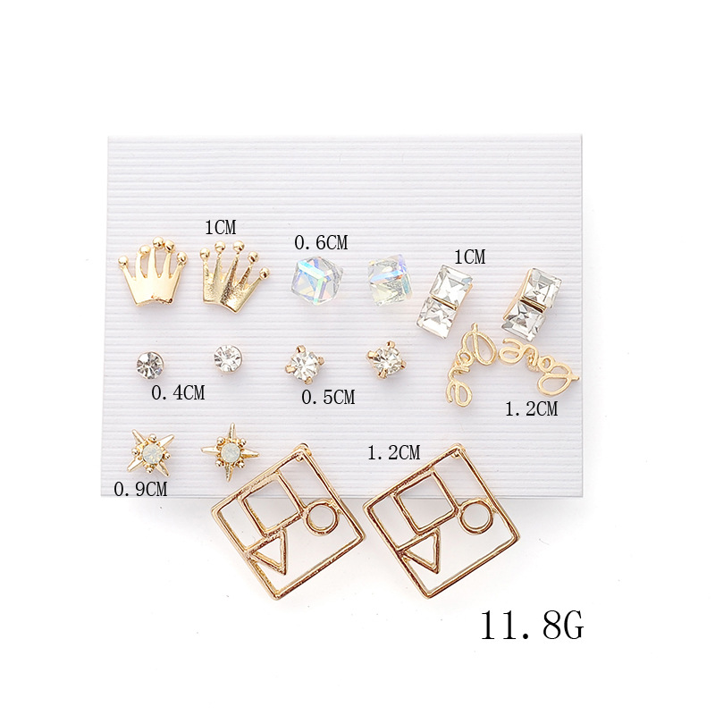 Cute Crown Alloy Inlay Zircon Women's Ear Studs 8 Pairs display picture 2