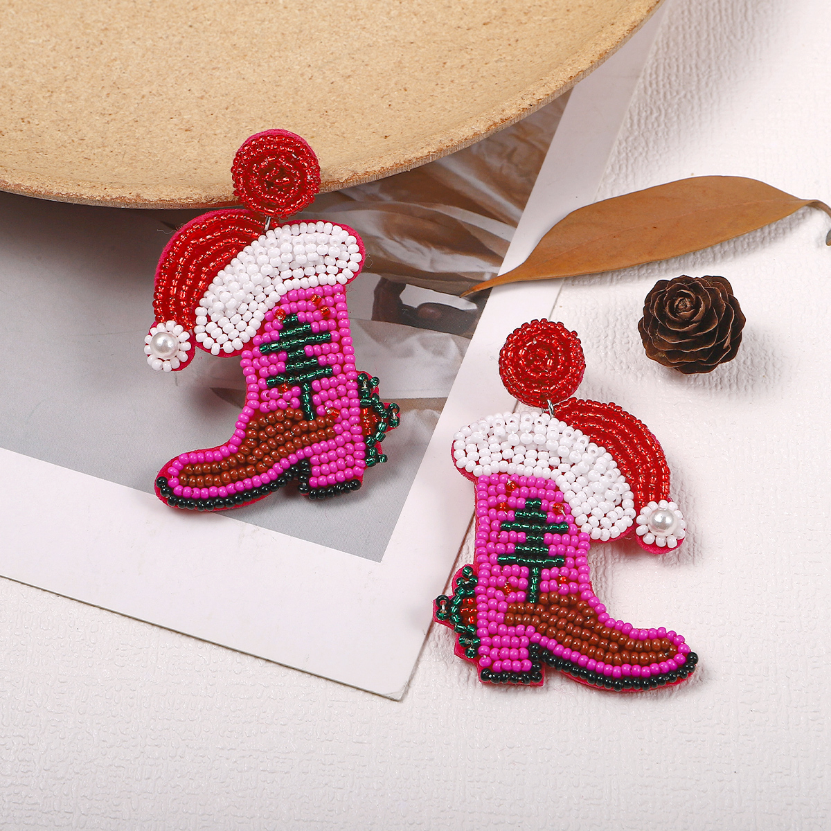 Simple Style Christmas Hat Christmas Socks Boots Beaded Alloy Handmade Women's Drop Earrings 1 Pair display picture 7