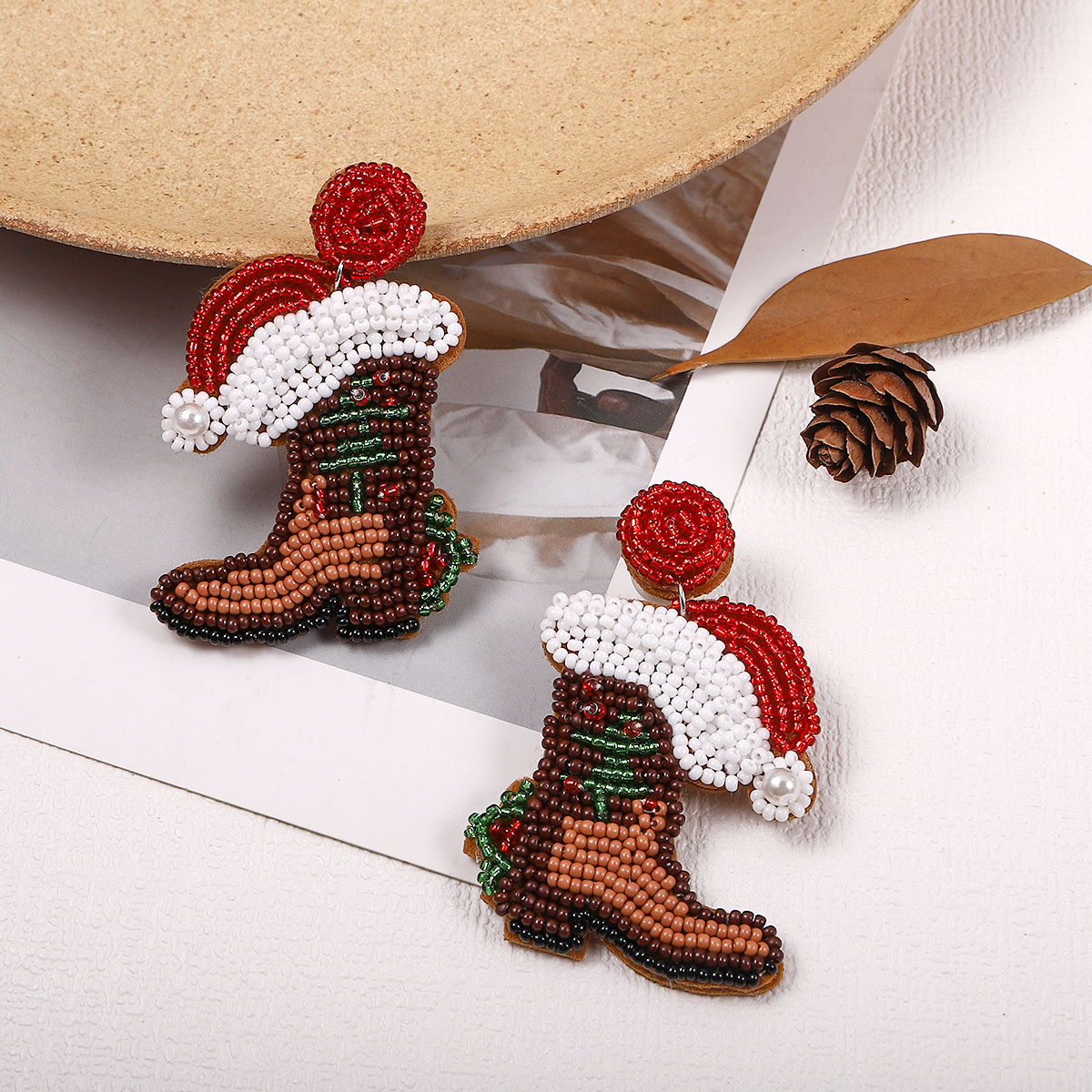 Simple Style Christmas Hat Christmas Socks Boots Beaded Alloy Handmade Women's Drop Earrings 1 Pair display picture 4