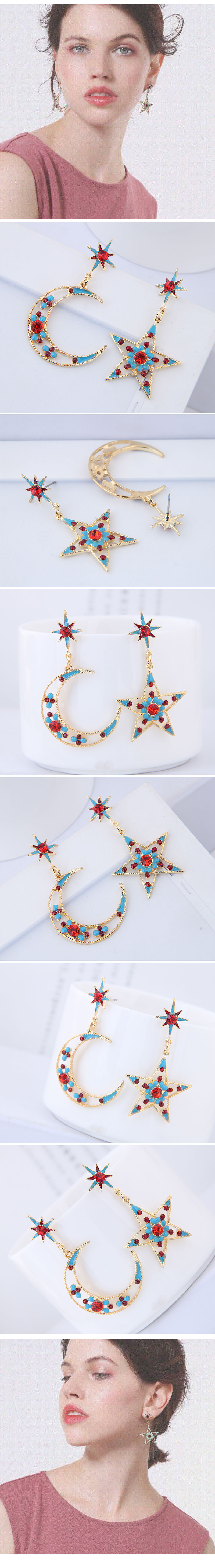 Moda Estrella Luna Aleación Asimétrico Diamantes De Imitación Mujeres Pendientes De Gota 1 Par display picture 1