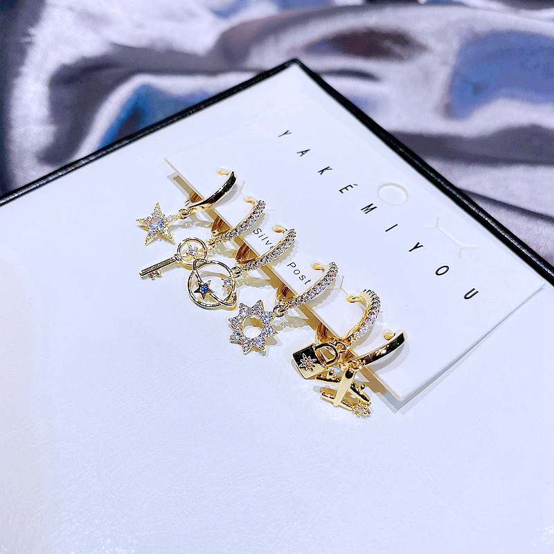 Yakemiyou Star Key Lock Copper Asymmetrical Zircon Dangling Earrings 6 Pieces display picture 3