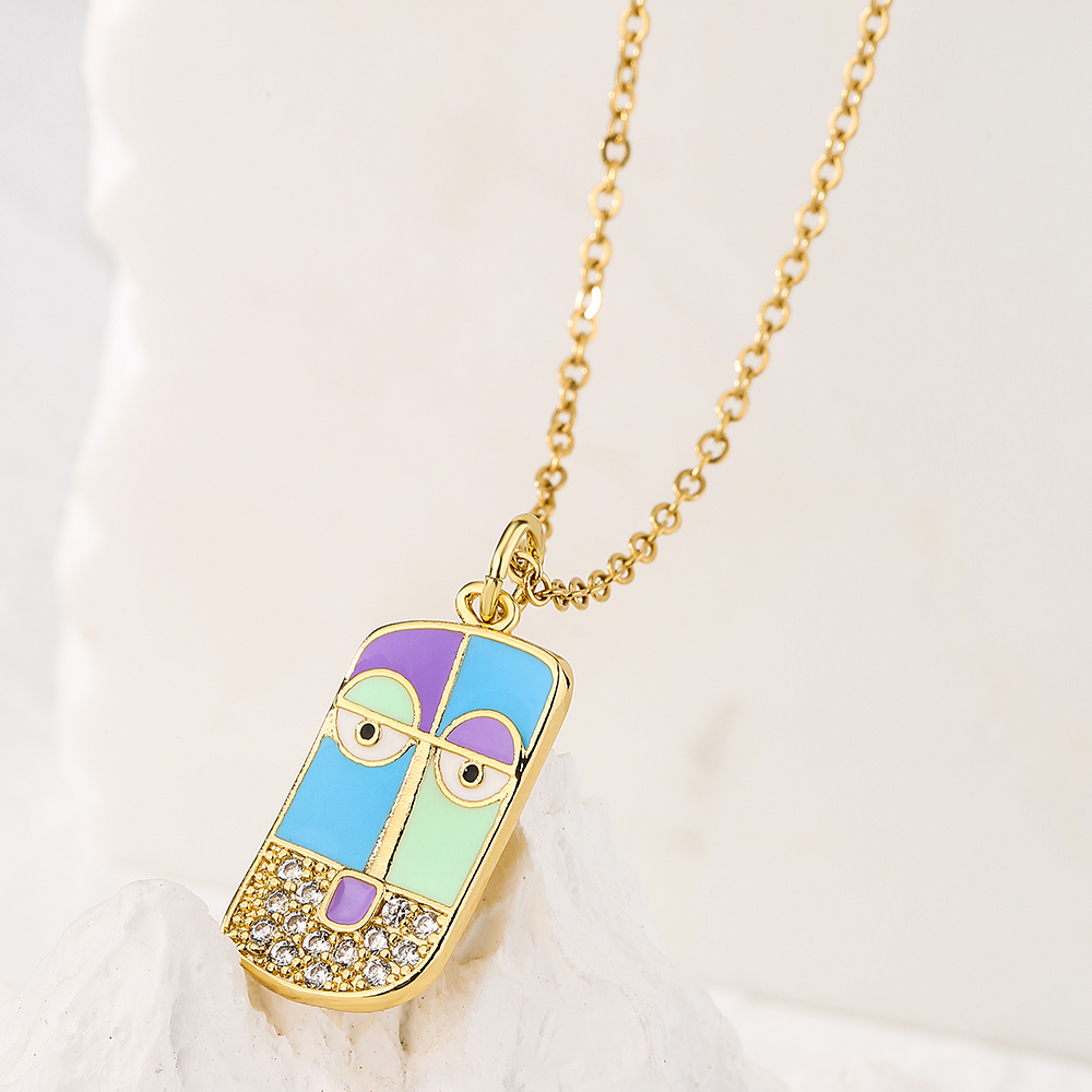 Fashion Human Face Color Block Copper Enamel Gold Plated Zircon Pendant Necklace 1 Piece display picture 1