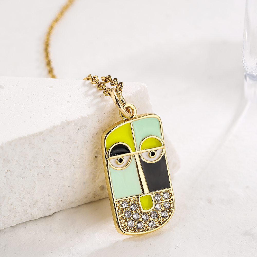 Fashion Human Face Color Block Copper Enamel Gold Plated Zircon Pendant Necklace 1 Piece display picture 2