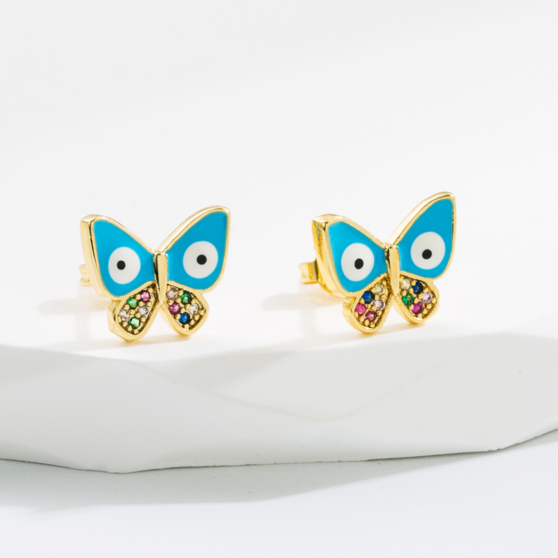 Classic Style Devil's Eye Butterfly Copper Enamel Gold Plated Zircon Ear Studs 1 Pair display picture 3