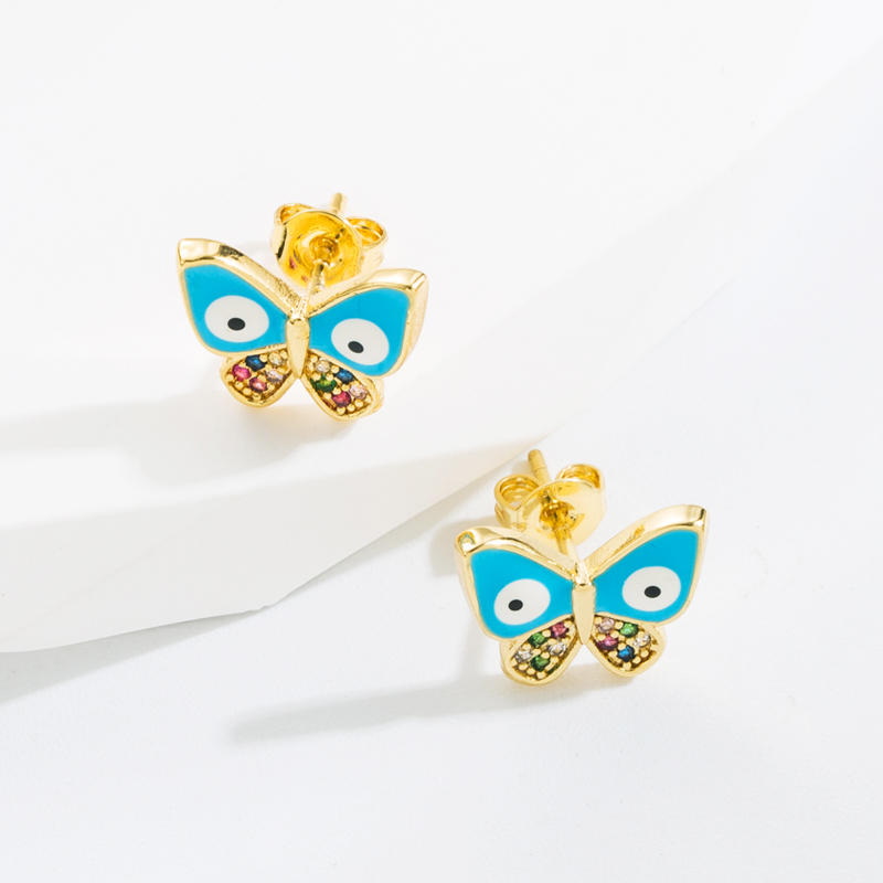Classic Style Devil's Eye Butterfly Copper Enamel Gold Plated Zircon Ear Studs 1 Pair display picture 6