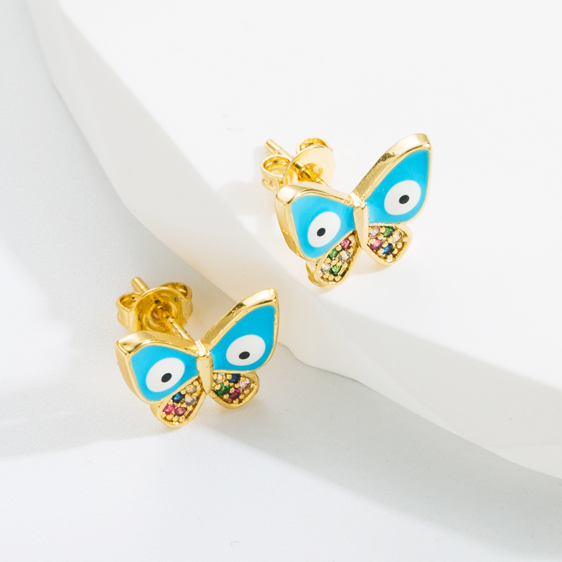 Classic Style Devil's Eye Butterfly Copper Enamel Gold Plated Zircon Ear Studs 1 Pair display picture 5