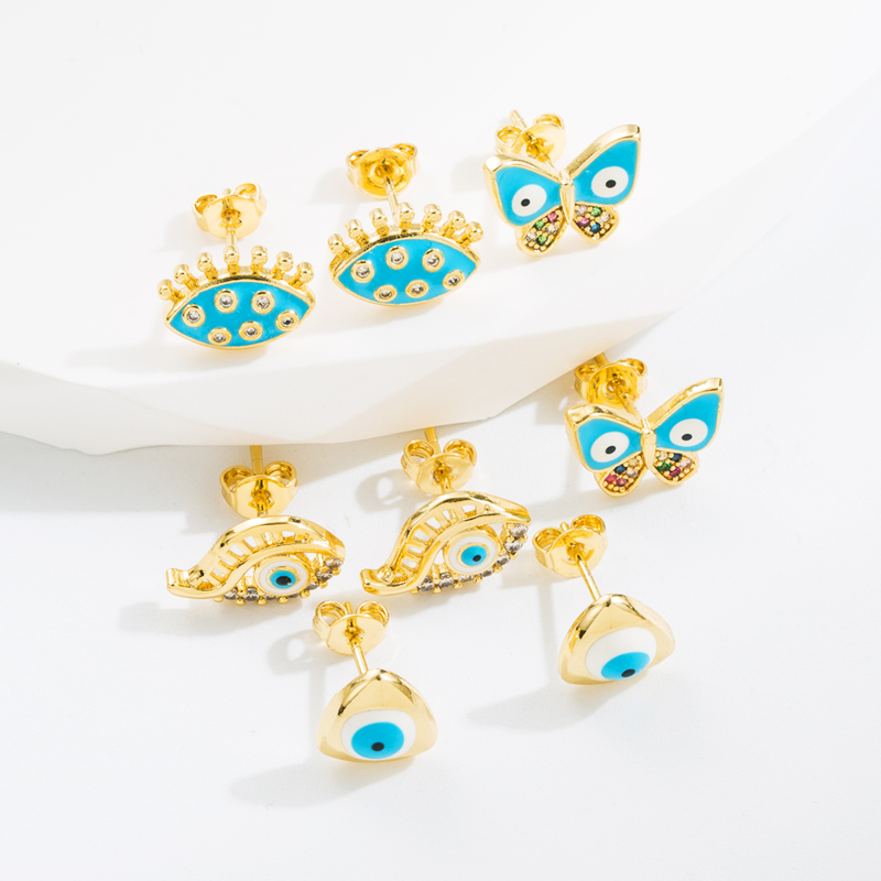 Classic Style Devil's Eye Butterfly Copper Enamel Gold Plated Zircon Ear Studs 1 Pair display picture 7