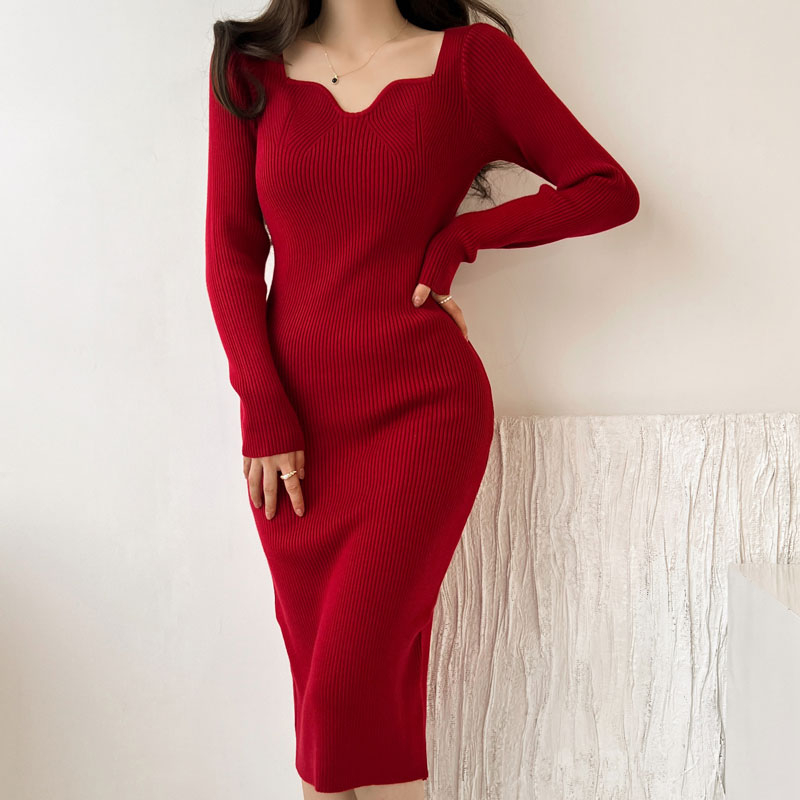 Femmes Robe Pull Sexy Col En V Manche Longue Couleur Unie Au Genou Banquet display picture 1