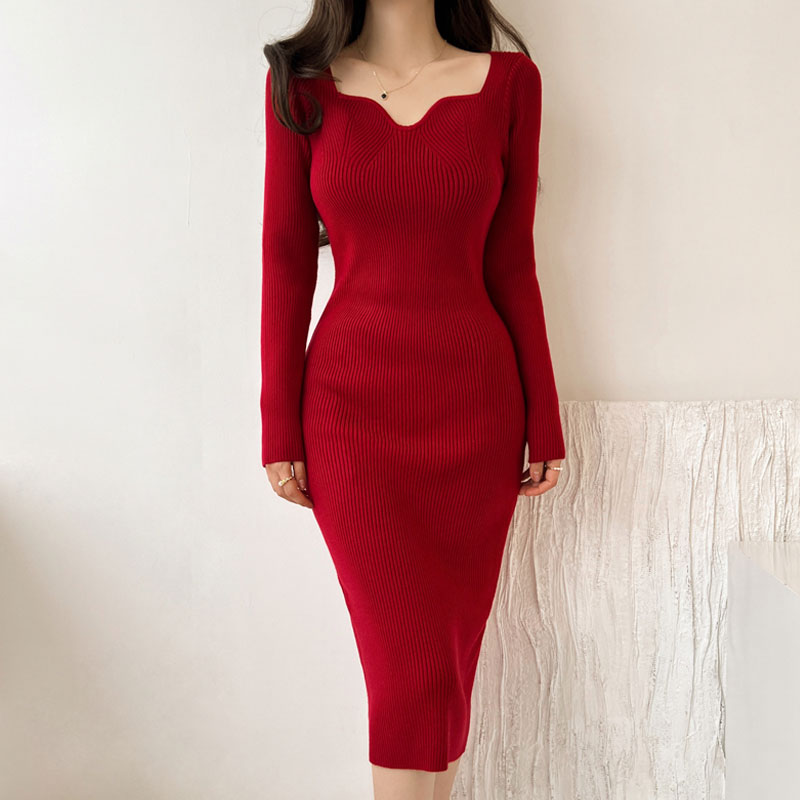 Women's Sweater Dress Sexy V Neck Long Sleeve Solid Color Knee-length Banquet display picture 4