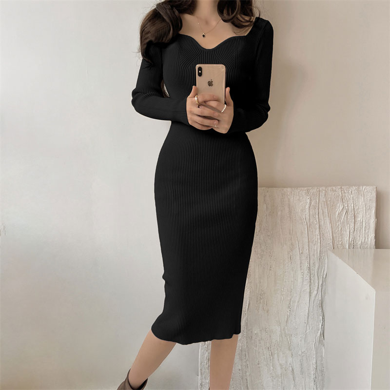 Women's Sweater Dress Sexy V Neck Long Sleeve Solid Color Knee-length Banquet display picture 6