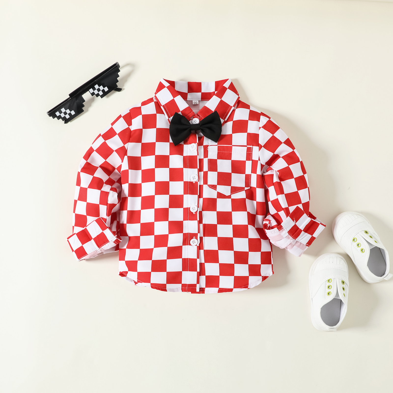 Preppy Style Solid Color Grid Side Pockets Bowknot Polyester Girls Clothing Sets display picture 1