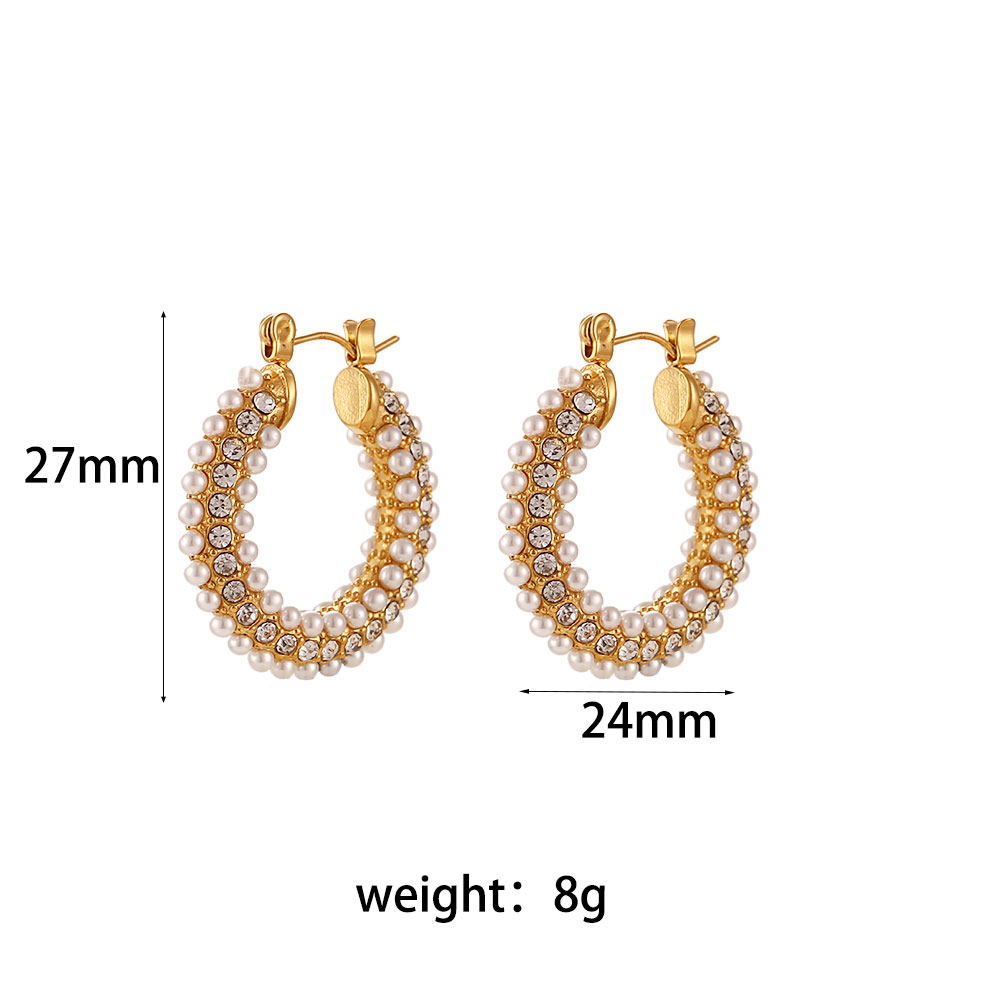 Fashion Geometric Stainless Steel Inlay Artificial Pearls Zircon Hoop Earrings 1 Pair display picture 9