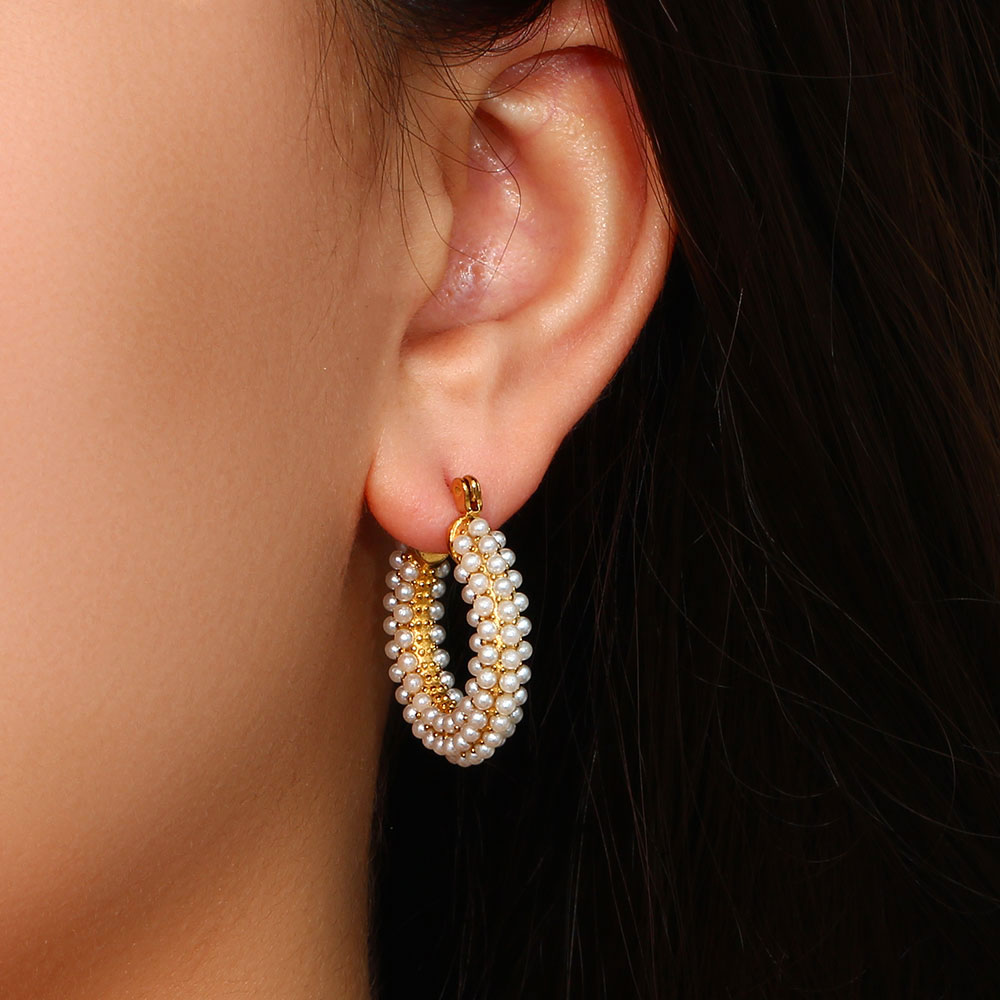 Fashion Geometric Stainless Steel Inlay Artificial Pearls Gold Plated Hoop Earrings 1 Pair display picture 6