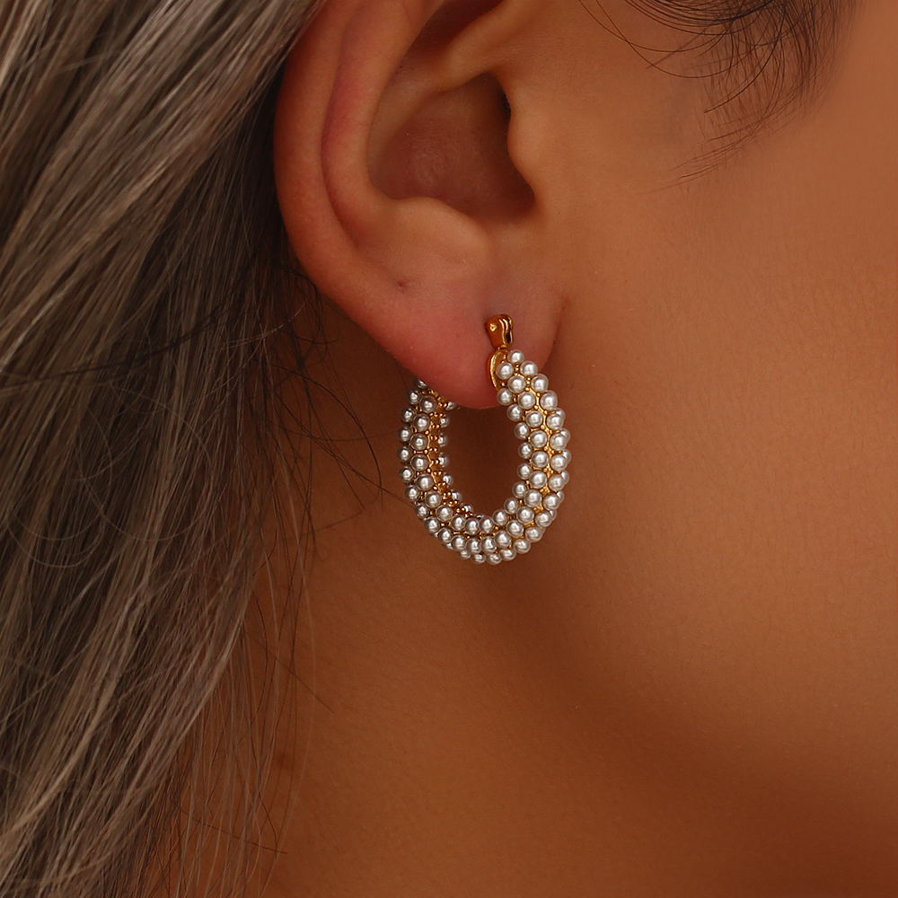 Mode Geometrisch Rostfreier Stahl Inlay Künstliche Perlen Vergoldet Reif Ohrringe 1 Paar display picture 8