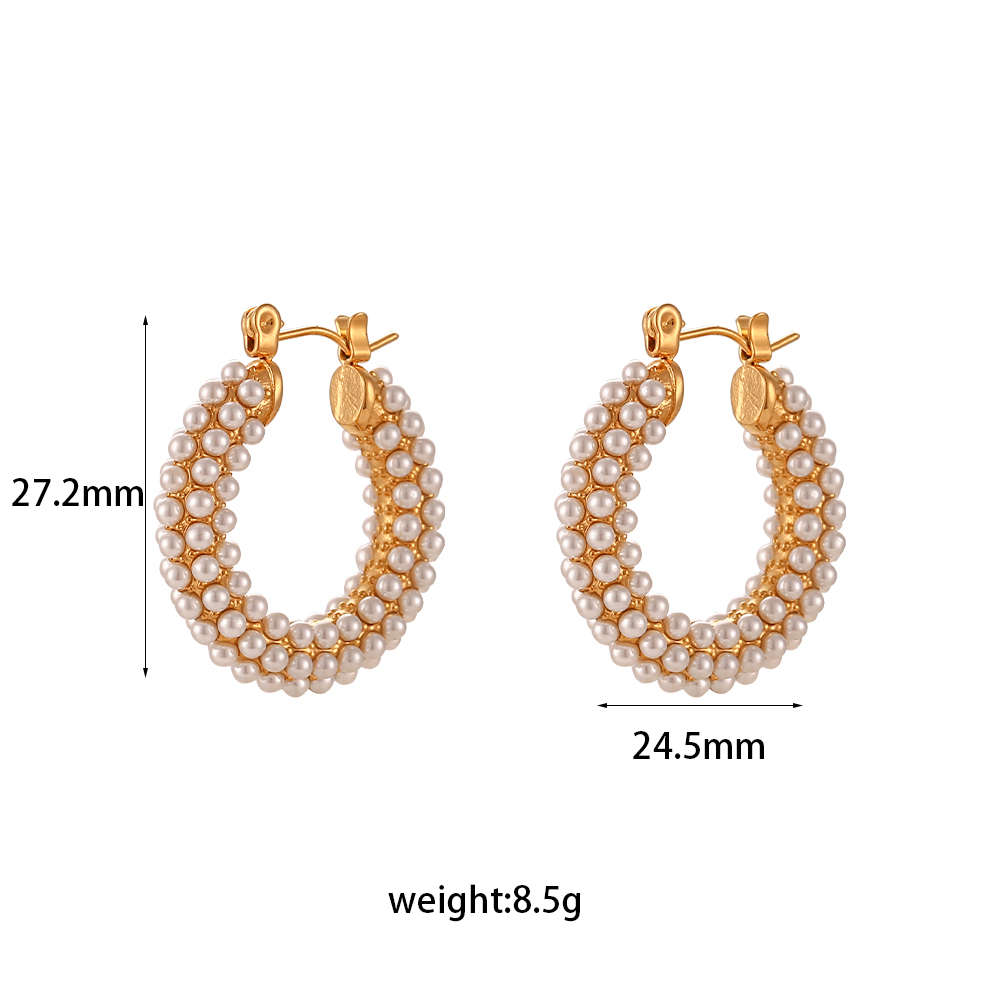 Fashion Geometric Stainless Steel Inlay Artificial Pearls Gold Plated Hoop Earrings 1 Pair display picture 9