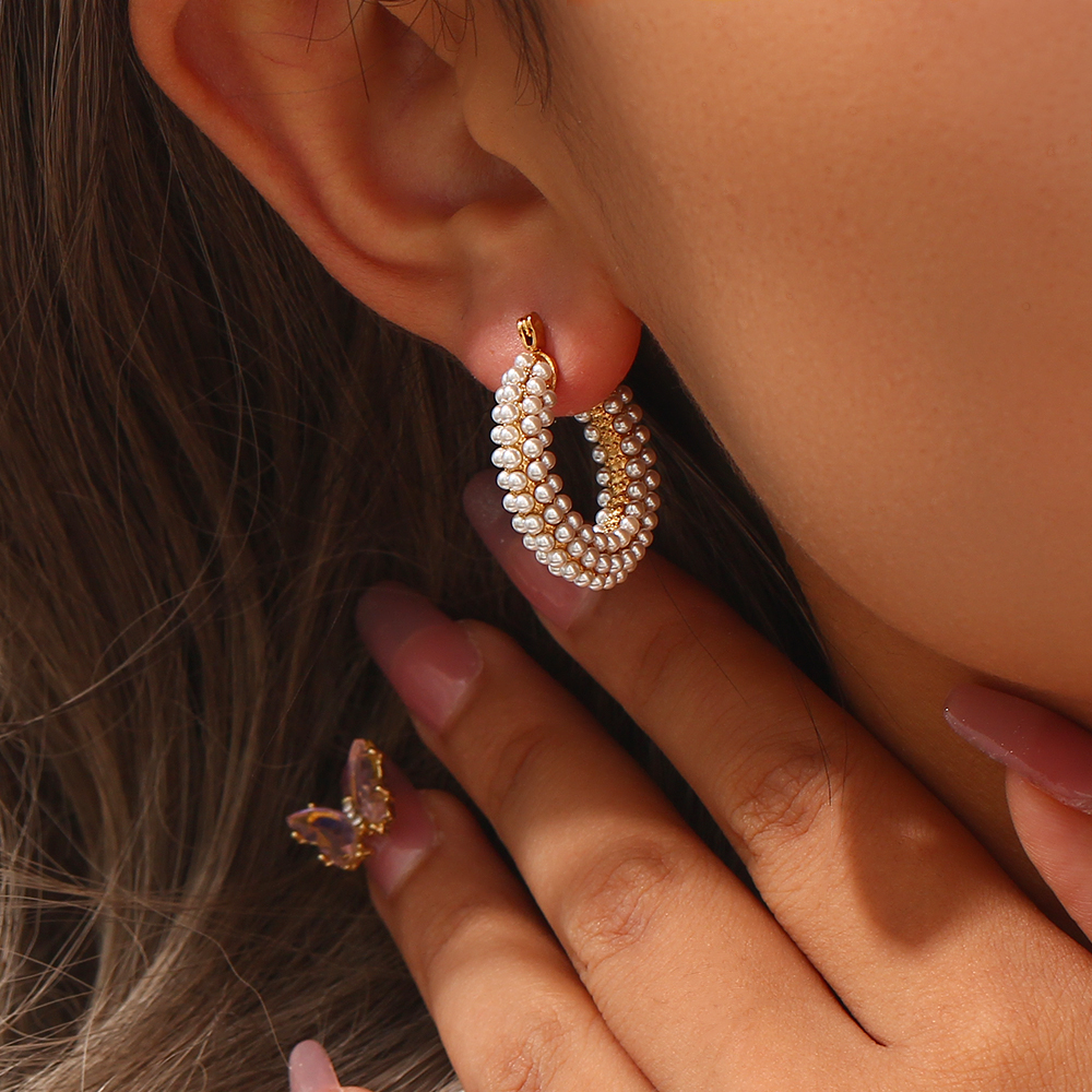 Mode Geometrisch Rostfreier Stahl Inlay Künstliche Perlen Vergoldet Reif Ohrringe 1 Paar display picture 10