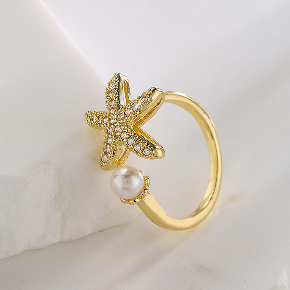Fashion Leaf Starfish Butterfly Copper Gold Plated Pearl Zircon Open Ring display picture 1