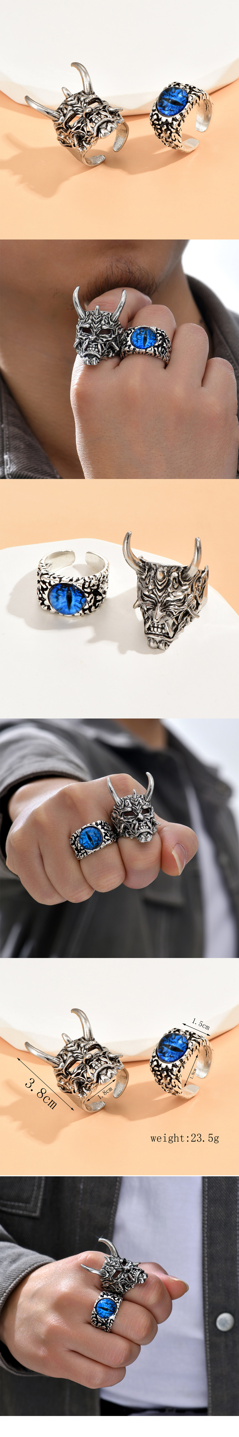 2 Piece Set Vintage Style Devil's Eye Skull Alloy Carving Resin Men's Open Ring display picture 1