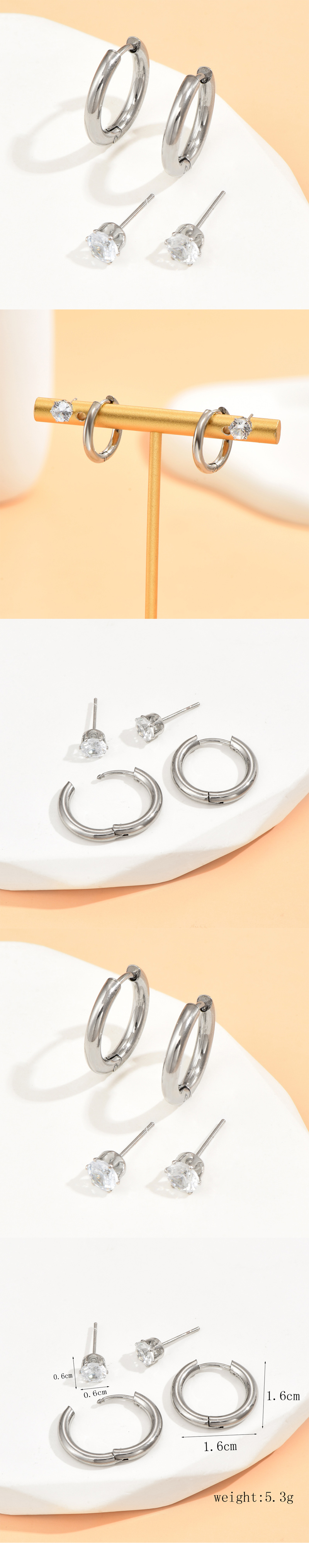 Simple Style Geometric Stainless Steel Inlay Rhinestones Hoop Earrings Ear Studs 2 Pairs display picture 1
