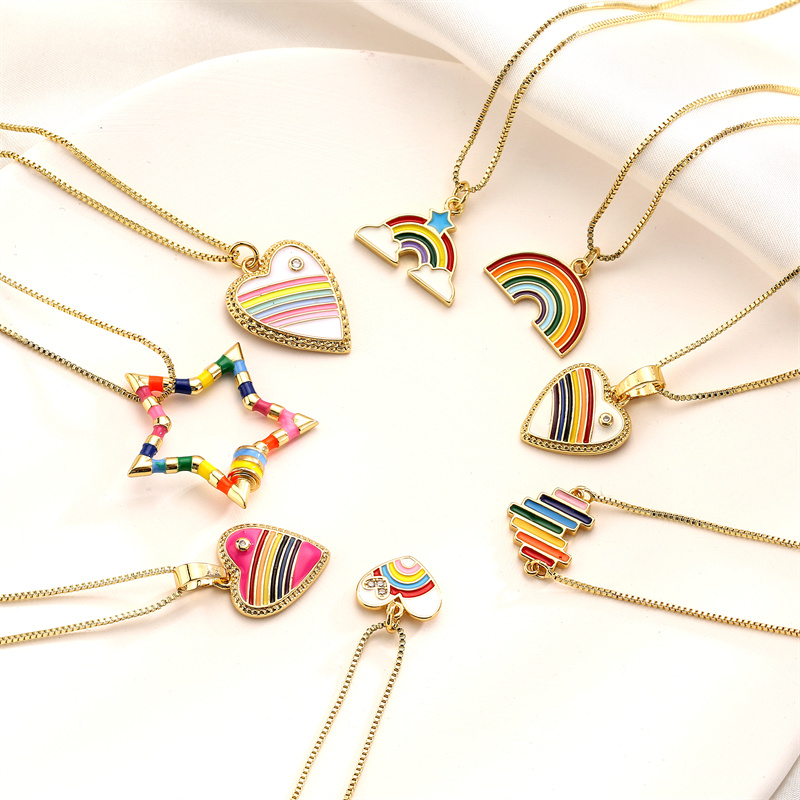 Fashion Rainbow Star Heart Shape Copper Enamel Inlay Zircon Pendant Necklace 1 Piece display picture 6