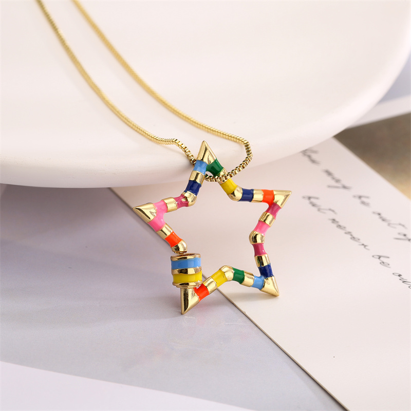Ig Style Simple Style Pentagram Rainbow Heart Shape Copper Enamel Plating Inlay Zircon Gold Plated Pendant Necklace display picture 1