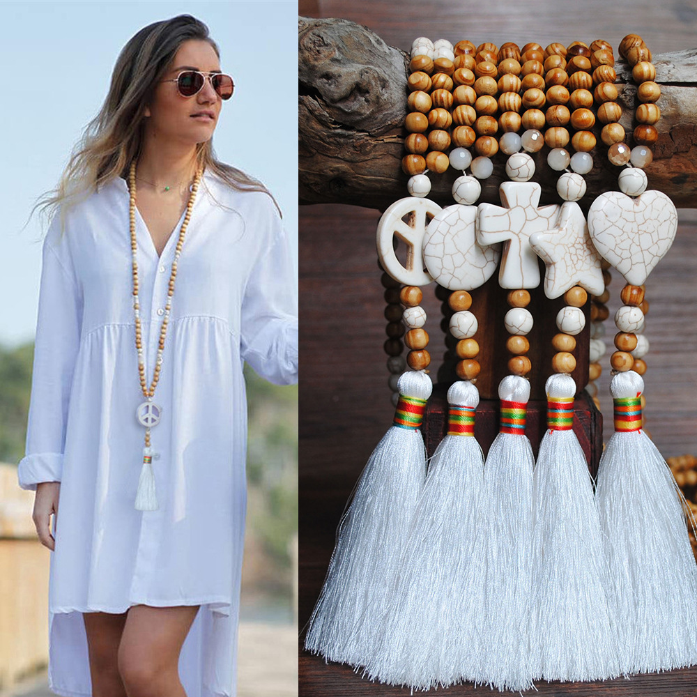1 Piece Ethnic Style Heart Shape Turquoise Tassel Beaded Women's Sweater Chain display picture 1