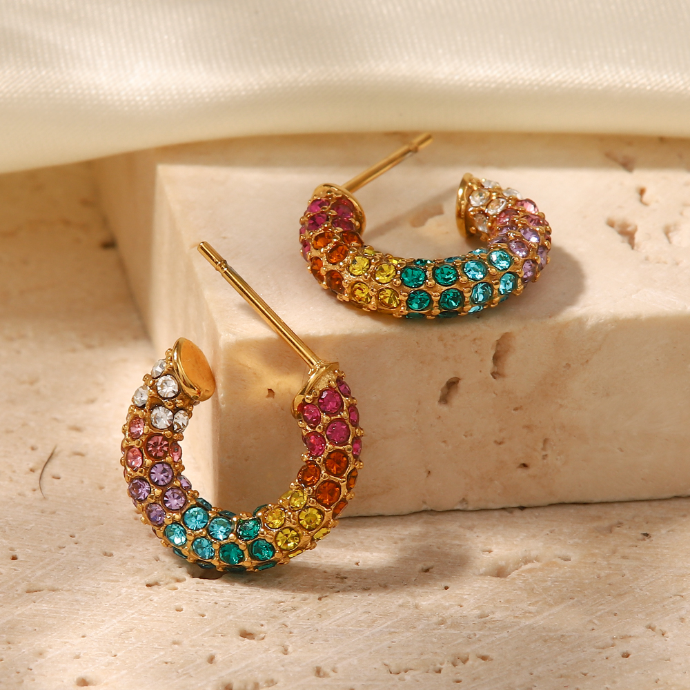 1 Pair Simple Style C Shape Inlay Stainless Steel Rhinestones 18k Gold Plated Ear Studs display picture 2