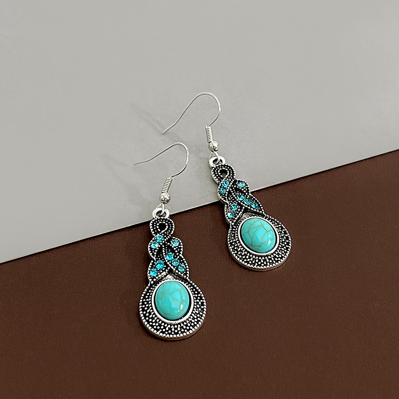 1 Pair Bohemian Water Droplets Tassel Alloy Inlay Turquoise Women's Drop Earrings display picture 2