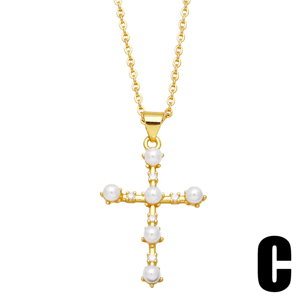Mode Kreuzen Kupfer Überzug Künstliche Perlen Zirkon Halskette Mit Anhänger 1 Stück display picture 5