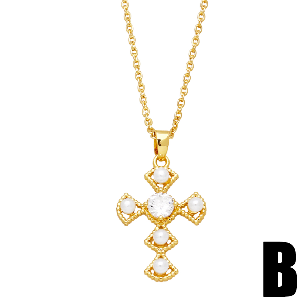 Fashion Cross Copper Plating Artificial Pearls Zircon Pendant Necklace 1 Piece display picture 4