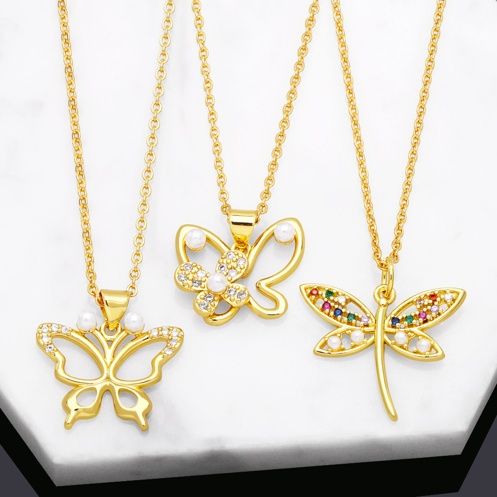 Simple Style Dragonfly Butterfly Copper Plating Hollow Out Artificial Pearls Zircon Pendant Necklace 1 Piece display picture 2