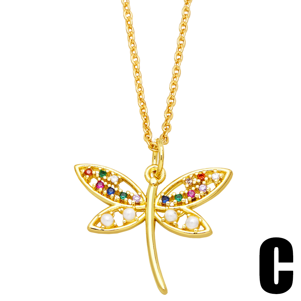 Simple Style Dragonfly Butterfly Copper Plating Hollow Out Artificial Pearls Zircon Pendant Necklace 1 Piece display picture 5