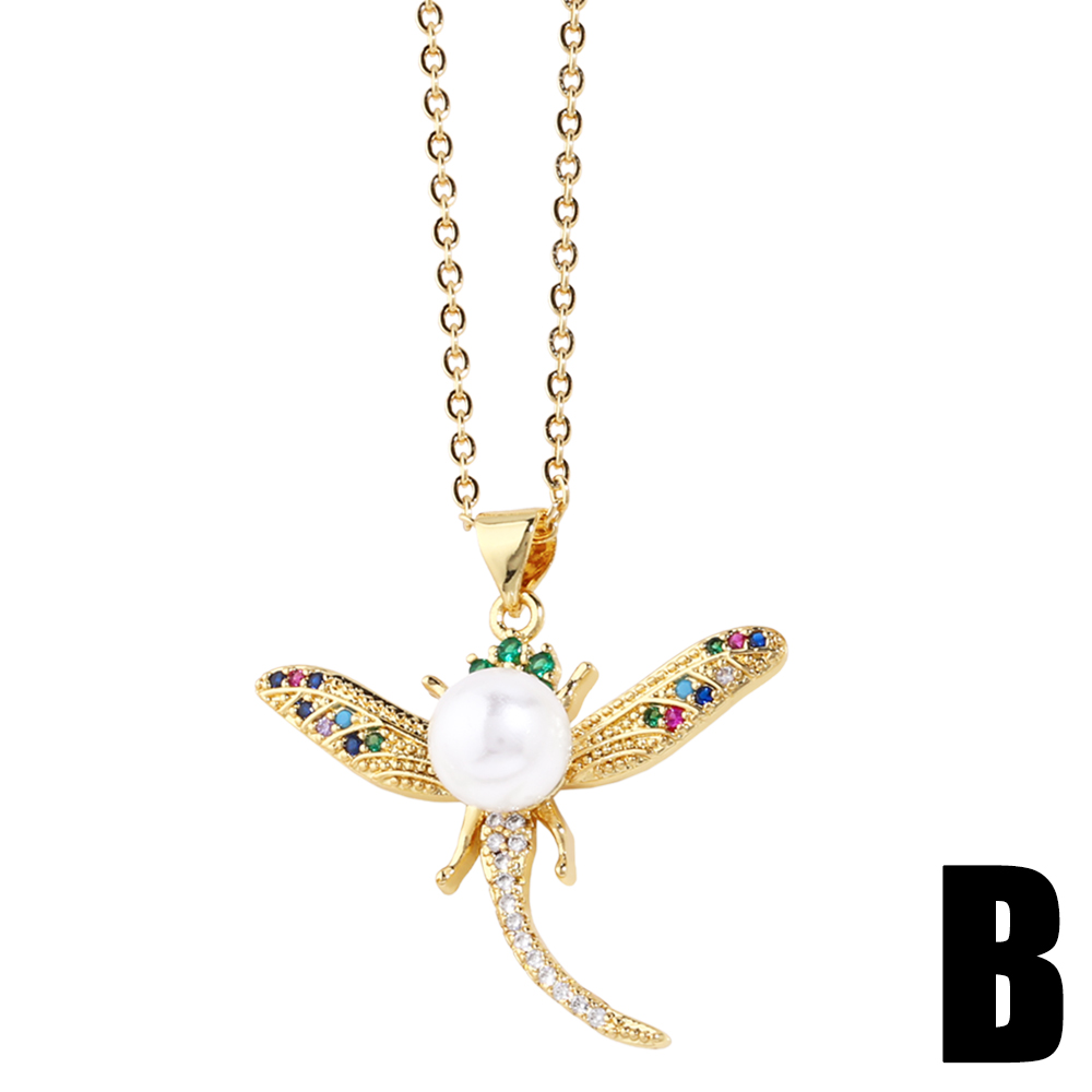 Simple Style Maple Leaf Dragonfly Copper Plating Artificial Pearls Zircon Pendant Necklace 1 Piece display picture 4