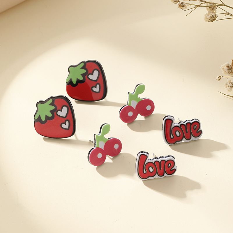 1 Pair Cute Sweet Simple Style Cherry Strawberry Alloy Fruit Women's Ear Studs display picture 3