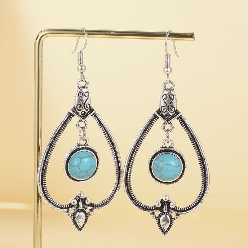 1 Pair Retro Geometric Water Droplets Hollow Out Alloy Turquoise Chandelier Earrings display picture 7