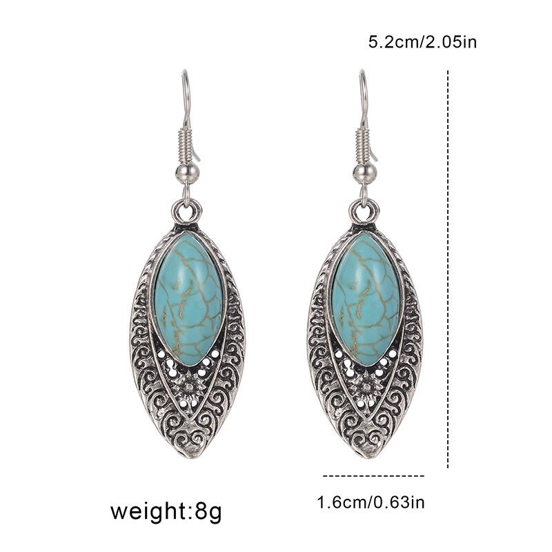 1 Pair Retro Geometric Water Droplets Hollow Out Alloy Turquoise Chandelier Earrings display picture 1