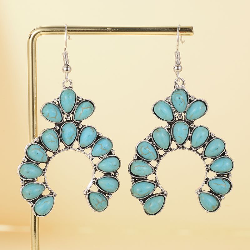 1 Pair Retro Geometric Water Droplets Hollow Out Alloy Turquoise Chandelier Earrings display picture 9