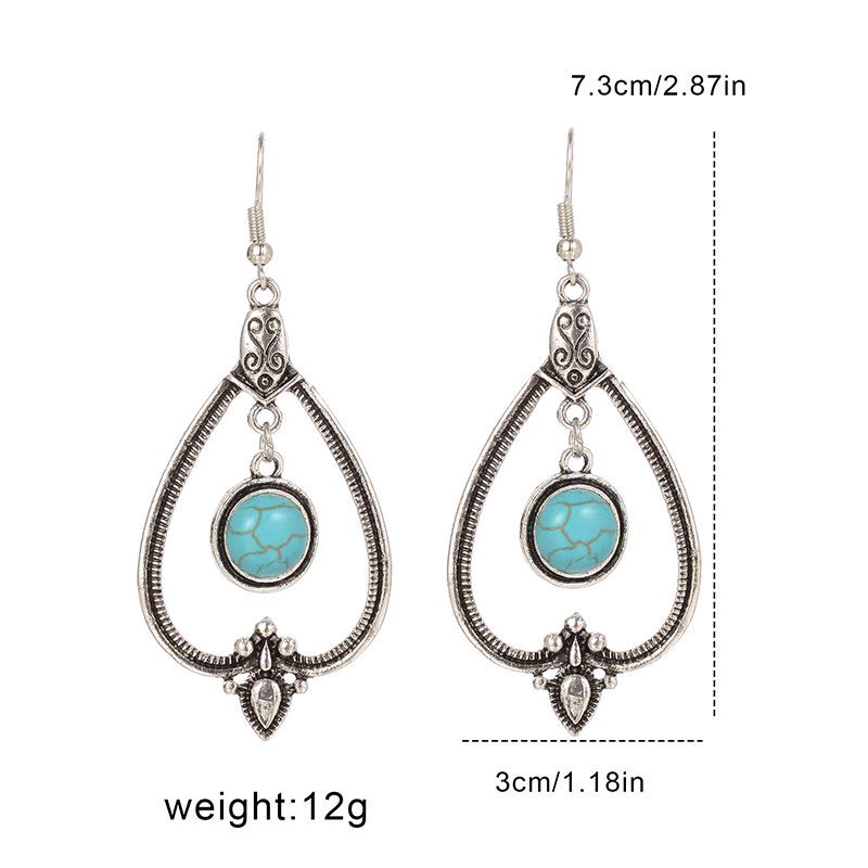 1 Pair Retro Geometric Water Droplets Hollow Out Alloy Turquoise Chandelier Earrings display picture 2