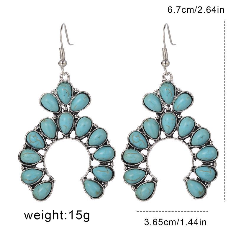 1 Pair Retro Geometric Water Droplets Hollow Out Alloy Turquoise Chandelier Earrings display picture 3