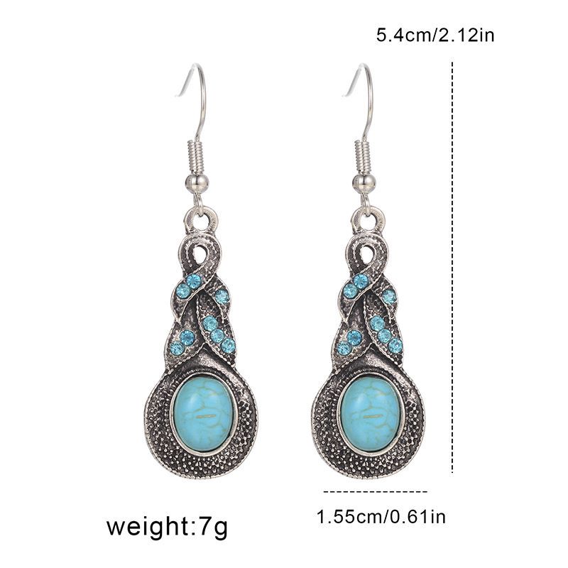 1 Pair Retro Geometric Water Droplets Hollow Out Alloy Turquoise Chandelier Earrings display picture 4