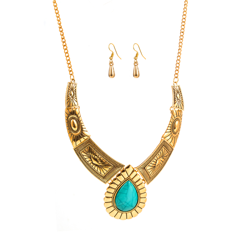 1 Set Vintage Style Water Droplets Alloy Inlay Turquoise Gold Plated Women's Earrings Necklace display picture 6